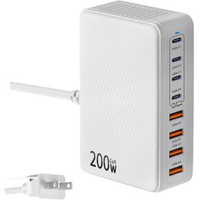 200W USB C Charger Block,Upgraded GaN III 8-Port Fast Charging Station Hub,PD 65W Laptop Charger Adapter Compatible with MacBook Pro/Air,DELL,Steam Deck,iPhone 16/15/14,Galaxy S23/22 etc (White)