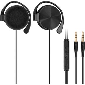 GEEKRIA Wired Clip On Ear Headphones, Portable Hook On Ear Headphones with Microphone and Call Controller Compatible with Desktop Computer, Avoid Headphone Hair (Black)