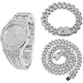 Halukakah Diamonds Gold Watch Iced Out, Men's 18k Real Gold/Platinum White Gold Plated Quartz Wristband 8.7" Octagonal Dial, with Cuban Link Necklace Bracelet Set Options, Free Giftbox