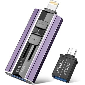 128GB Flash Drive Intended for iPhone iPad Android and Computers, 4 in 1 Photo Stick for Phone Memory Storage Easily Backup Photos Videos, Plug and Play, No Application Required (Dark Violet)