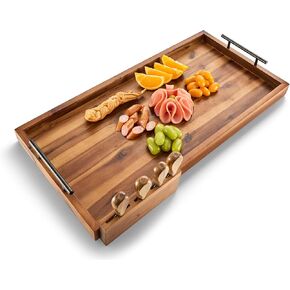 36" Large Charcuterie Tray with Handles & 4 Knives Set - Extra Long Wooden Serving Cheese Boards - Extra Large Charcuterie Board Serving Platter - Acacia Wood Serving Board (Acacia 36 Inch)