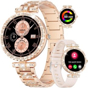 Diamond Smart Watch for Women, 1.19" AMOLED Smart Watches, 100+ Sports Mode Fitness Tracker Watch, 5ATM Womens Waterproof Watch with Bluetooth Calling/Pedometer, Smartwatch for Android iOS