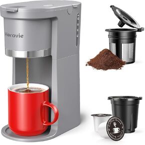 Small Single Serve Coffee Maker, Fast Brew One Cup Coffee Machine for K Cup and Grounds, 6 to 12 oz. Brew Sizes, Capsule Coffee Machine with Descaling Reminder and Viewing Tank, Grey