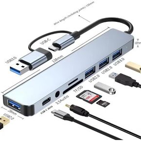 8 in 1 USB Adapter, USB 3.0 & USB-C to USB 3.0 & USB 2.0 Hub & USB-C & TF/SD & Audio