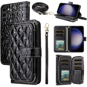 Argyle Wallet Case for Samsung Galaxy S23 5G with Crossbody/Wrist Strap Luxury PU Leather Stand Zipper Purse Shockproof Card Holder Cell Phone Cover for S 23 23S GS23 G5 SM-S911U 6.1 inch Red