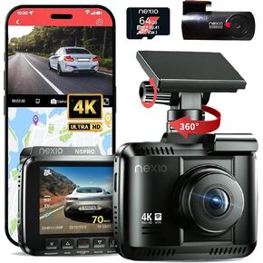 NEXIO N5Pro 4k Dual Dash cam Front and Rear, WiFi 6, ADAS Alerts, 64GB Card Free, GPS, Night Vision, 24-Hr Parking Surveillance, 4K 2160P Front & 1080P Rear Cameras, App Control for Cars