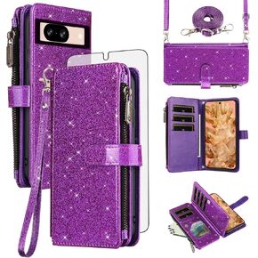 Asuwish Phone Case for Google Pixel 8 5G Wallet Accessories Stand Lanyard Cell Cover with Tempered Glass Screen Protector Strap Bling Glitter Zipper Flip Credit Card Holder Pixel8 Eight Women Black