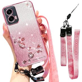 for Motorola Moto G-Stylus-5G-2024 Case Glitter with Crossbody Lanyard for Women, Bling Sparkle Flowers Floral Soft TPU Clear Cover with Wrist Strap for Moto G Stylus 5G 2024 YSS Pink