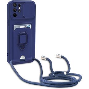 Crossbody Case for Samsung Galaxy S24 Ultra 5G with Detachable Lanyard, 5-in-1 Silicone Crossbody Cover with Sliding Camera, Adjustable Strap, Card Holder, Rotating Ring Stand Cases, Blue