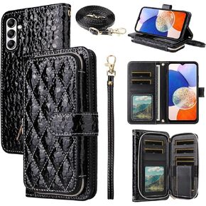 Argyle Wallet Case for Samsung Galaxy S23 FE 5G with Crossbody/Wrist Strap Lanyard Luxury PU Leather Kickstand Zipper Purse Shockproof Card Holder Cell Phone Cover for S 23 EF S23FE 23S Black