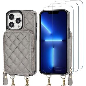 Bocasal A Stylish Crossbody Wallet Case for iPhone 13 Pro + 3 Pcs Tempered Glass Screen Protector for iPhone 13/14/13 Pro