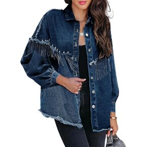 Daacee Casual Frayed Tassel Black Denim Jacket for Women Fashion Fringe Rhinestone Cowgirl Jean Coats