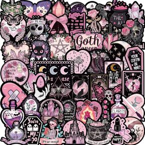 50PCS Goth Aesthetic Stickers,Vinyl Waterproof Witch Sticker Pack for Water Bottles Laptops Scrapbook Planner,Magic Fantasy Stickers,Kawaii Gothic Stickers for Kids Teens Adults Girls (Black Pink)