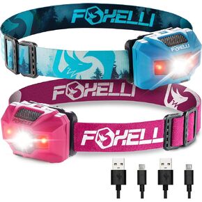 Foxelli Rechargeable LED Headlamp Bundle of 2 - Forest & Pink: Ultralight Waterproof Head Lamp with Red Light for Running, Camping, Hiking & Outdoor