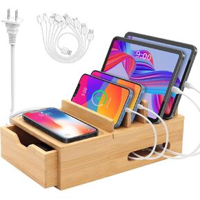 Bamboo Charging Station for Multiple Devices, Desktop Charger Organizer with Tray& Drawer, Wooden Docking Station for Smart Devices, Cell Phone, Tablet,Watch (Include 6 Cables, 5 Port USB Charger)