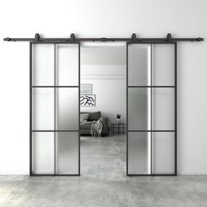 BARNSMITH 60 x 80 in Double Glass Barn Door with 10 FT Sliding Door Hardware, Aluminium Frame Frosted Glass Doulbe Barn Door