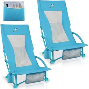Beach Chairs for Adults 2 Pack,Heavy Duty Folding High Back Camping Chairs w/Cooler Bag,Mesh Back,Cup Holder & Storage Bag,Compact Sling Chair for Lawn,Picnic,Travel,Blue
