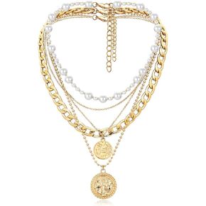 MJartoria Gold Layered Necklaces for Women Trendy Retro Coin Pendant Gold Necklace Dainty Chunky Link Chain Choker Necklaces for Girls Jewelry Birthday Gifts