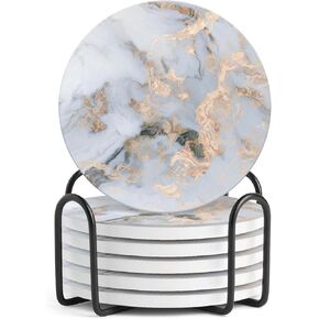 6 Pcs Ceramic Coasters with Holder Absorbent Drink Coasters Round Ceramic Table Coasters Set Decorative Coffee Cup Beverage Coasters Wine Beer Bar Coasters Gold Marble