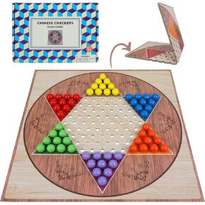 Large 15" Wooden Chinese Checkers Board Game – Classic Strategy Game with 75 Wooden Pegs (6 Colors), 2-6 Players (10 Pegs Each) or 3 Players (15 Pegs Each) – Fun Family Game for Kids, Adults