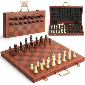 Magnetic Chess Set 15.5 Inch Chess Boards for Adults & Kids, Leather & Wooden Folding Board with Handmade Wood Pieces, Travel Chess Sets Game with Portable Handle for Beginners Professionals