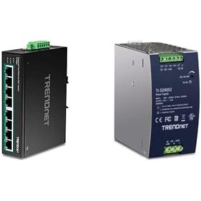 TRENDnet Bundle 8-Port Industrial Fast Ethernet PoE+ DIN-Rail Switch TI-PE80, 240W 52V DC 4.61A AC to DC DIN-Rail Industrial Power Supply TI-S24052