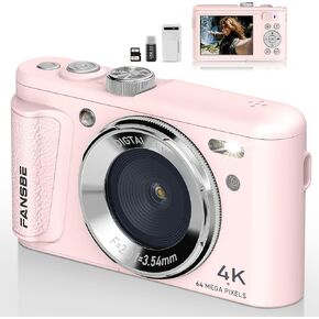 Digital Camera, 4K Vlogging Camera with 64MP, Point and Shoot Digital Cameras with 18X Zoom, Anti-Shake, Mode Dial, 32GB SD Card, Card Reader, Charger, Compact Small Cameras, Pink