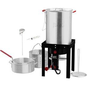 FEASTO 4 in 1 Turkey and Fish Fryer Set with 30 Qt & 10 Qt Aluminum Pots, Electronic ignition Outdoor Propane Gas Cooker with Adjustable 0-10 PSI Regulator, Non-Assembly Frame Stand