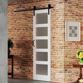 BARNER HOME 48in x 84in Sliding Barn Door, MDF, Primed, 5 Glass Panel,Need to Assemble, with 6.98ft Hardware, Handle and Floor Guide