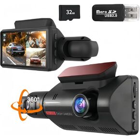 360 ° Dash Cam ، كاميرا اندفاعة قناة 2 للسيارات ، 1440 بكسل Dash Cam الأمامي والداخل ، شاشة 3 بوصة ، زاوية بعرض 170 درجة ، WDR ، وقوف السيارات 24 ساعة ، بطاقة SD مجانية 32 جيجا بايت