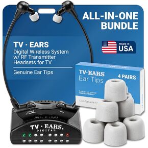 TV·EARS Wireless Headset System Bundle - Analog & Digital Compatible, Ideal for Seniors & Hearing Difficulties, Includes RF Transmitter, 4 Replacement Ear Tips, Easy to Use, Compatible with most TVs