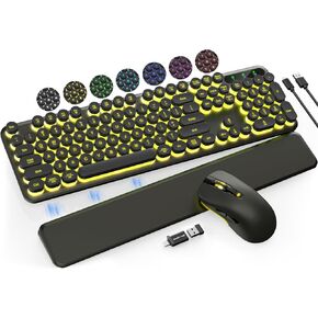 Wireless Keyboard and Mouse Backlit - Retro Round Keycaps, Detachable Wrist Rest, Light Up Letters, 2.4G No Delay Rechargeable Typewriter Keyboard Mouse Combo for Mac, Windows, PC, Laptop (Black)