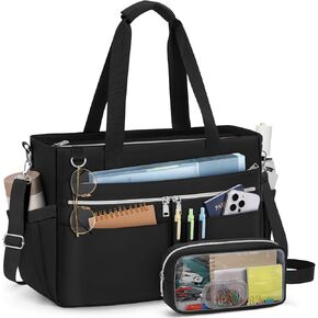 RAINSMORE Teacher Tote Bag for Women 15.6 Inch Laptop Briefcase with Clutch Bag, Nurse Bags Professional Work Handbag for Office College Nursing, Large Utility Tote Messenger Shoulder Bag, Black