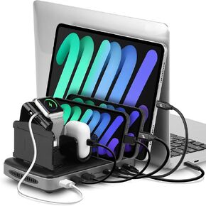 160W 6-Port USB-C USB-A Charging Station Organizer with PD3.1 140W for Multiple Devices Compatible with MacBook iPhone iPad AirPods Smartphone Gaming Handheld Tablet Includes Charging Cables
