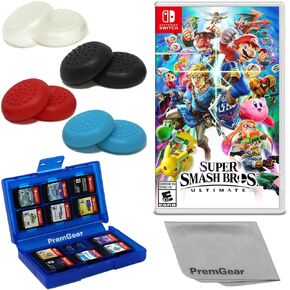 Super Smash Bros. Ultimate - Nintendo Switch with PremGear Thumb Grips (8 pack - Black, Blue, Red & Clear), 24 Slot Game Card Holder & Cleaning Cloth