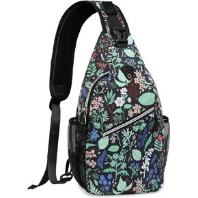 MOSISO Crossbody Sling Backpack, Portable Travel Hiking Daypack Chest Sling Bag Casual Daypack One Strap Chest Backpack for Women Men Outdoor Hiking Travel, Green Leaf Print