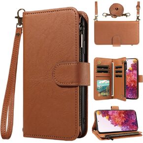 for Samsung Galaxy S20 FE 5G 6.5 inch Wallet Phone Case with Crossbody Strap Leather Card Holder Slot Stand Men Women Flip Cell Cover for S 20 EF UW 2022 S20FE5G S20FE 20S S2O Fan Edition 4G G5 Brown