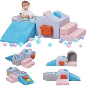 Foam Climbing Blocks for Toddlers,House-shaped Soft Play Set with 6 Pieces Recognition Modules and Ball Pit,Educational Sensory Baby Climbing Toys Softplay indoor,Colorful(Balls not included)