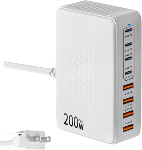 200W USB C Charger Block,Upgraded GaN III 8-Port Fast Charging Station Hub,PD 65W Laptop Charger Adapter Compatible with MacBook Pro/Air,DELL,Steam Deck,iPhone 16/15/14,Galaxy S23/22 etc (White) in Saudi Arabia