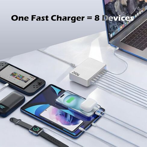 200W USB C Charger Block,Upgraded GaN III 8-Port Fast Charging Station Hub,PD 65W Laptop Charger Adapter Compatible with MacBook Pro/Air,DELL,Steam Deck,iPhone 16/15/14,Galaxy S23/22 etc (White) in Saudi Arabia