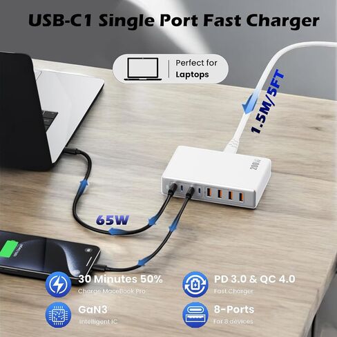 200W USB C Charger Block,Upgraded GaN III 8-Port Fast Charging Station Hub,PD 65W Laptop Charger Adapter Compatible with MacBook Pro/Air,DELL,Steam Deck,iPhone 16/15/14,Galaxy S23/22 etc (White) in Saudi Arabia