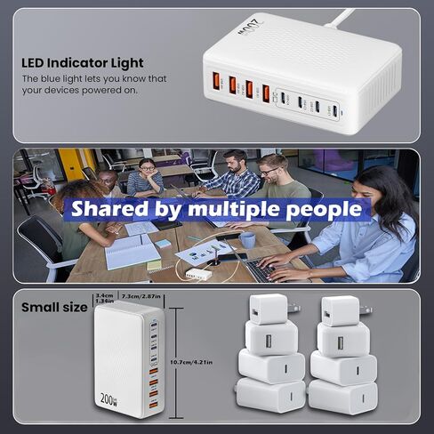 200W USB C Charger Block,Upgraded GaN III 8-Port Fast Charging Station Hub,PD 65W Laptop Charger Adapter Compatible with MacBook Pro/Air,DELL,Steam Deck,iPhone 16/15/14,Galaxy S23/22 etc (White) in Saudi Arabia