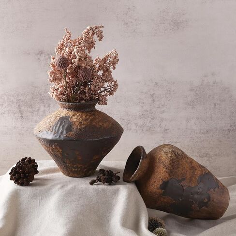 Small Stone Vase for Rustic Home Decor, Farmhouse Antique Pottery Vase Furniture&Table Flower Decorative, Round Terracotta Vase for Living Room Decor, Modern Rustic Concrete Clay Art Vases in Kuwait