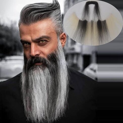 Fake Beard Human Hair Full Hand Tied Facial Hair False Beards Lace Invisible Face Mustache for Party Makeup Cosplay Costume Party 6-7INCH (Black Color) in Kuwait