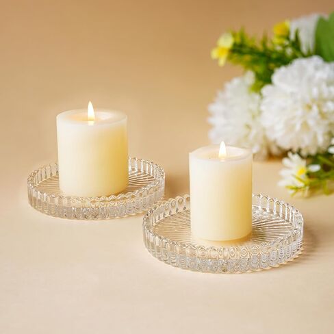 kanpura Crystal Glass Candle Holder Plates Set of 2 3.7 Inch Round Clear Glass Pillar Candle Holder Snowflake Votive Candle Holder Set for Wedding Birthday Holiday in Kuwait