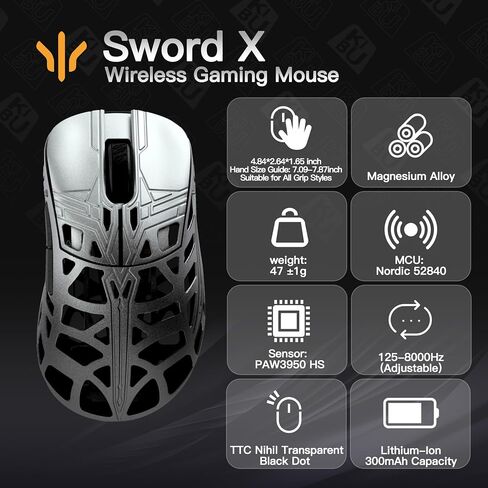 WLMOUSE Sword X Lightweight Magnesium Alloy Wireless Gaming Mouse - 8KHz Polling Rate, PAW3950 HS Sensor, 50-30000 DPI, OM & TTC Switches (TTC Nihil Transparent Black Dot, Silver&Black) in Kuwait