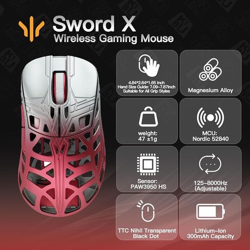 WLMOUSE Sword X Lightweight Magnesium Alloy Wireless Gaming Mouse - 8KHz Polling Rate, PAW3950 HS Sensor, 50-30000 DPI, OM & TTC Switches (TTC Nihil Transparent Black Dot, Silver&Black) in Kuwait