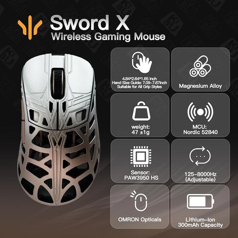 WLMOUSE Sword X Lightweight Magnesium Alloy Wireless Gaming Mouse - 8KHz Polling Rate, PAW3950 HS Sensor, 50-30000 DPI, OM & TTC Switches (TTC Nihil Transparent Black Dot, Silver&Black) in Kuwait
