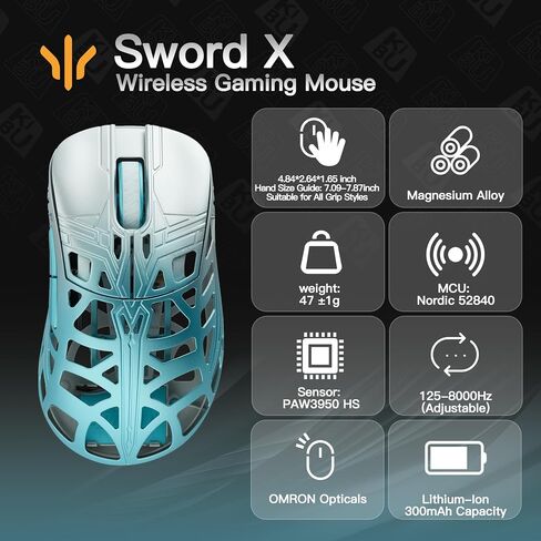WLMOUSE Sword X Lightweight Magnesium Alloy Wireless Gaming Mouse - 8KHz Polling Rate, PAW3950 HS Sensor, 50-30000 DPI, OM & TTC Switches (TTC Nihil Transparent Black Dot, Silver&Black) in Kuwait