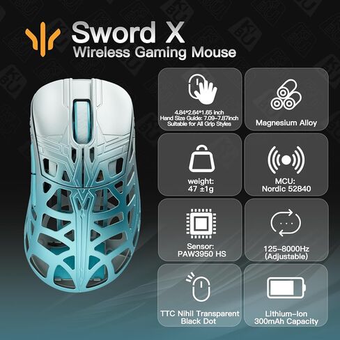 WLMOUSE Sword X Lightweight Magnesium Alloy Wireless Gaming Mouse - 8KHz Polling Rate, PAW3950 HS Sensor, 50-30000 DPI, OM & TTC Switches (TTC Nihil Transparent Black Dot, Silver&Black) in Kuwait